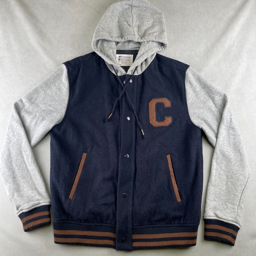 Champion Jacket Men M Navy Gray Hooded Varsity Letterman College Wool Blend Snap